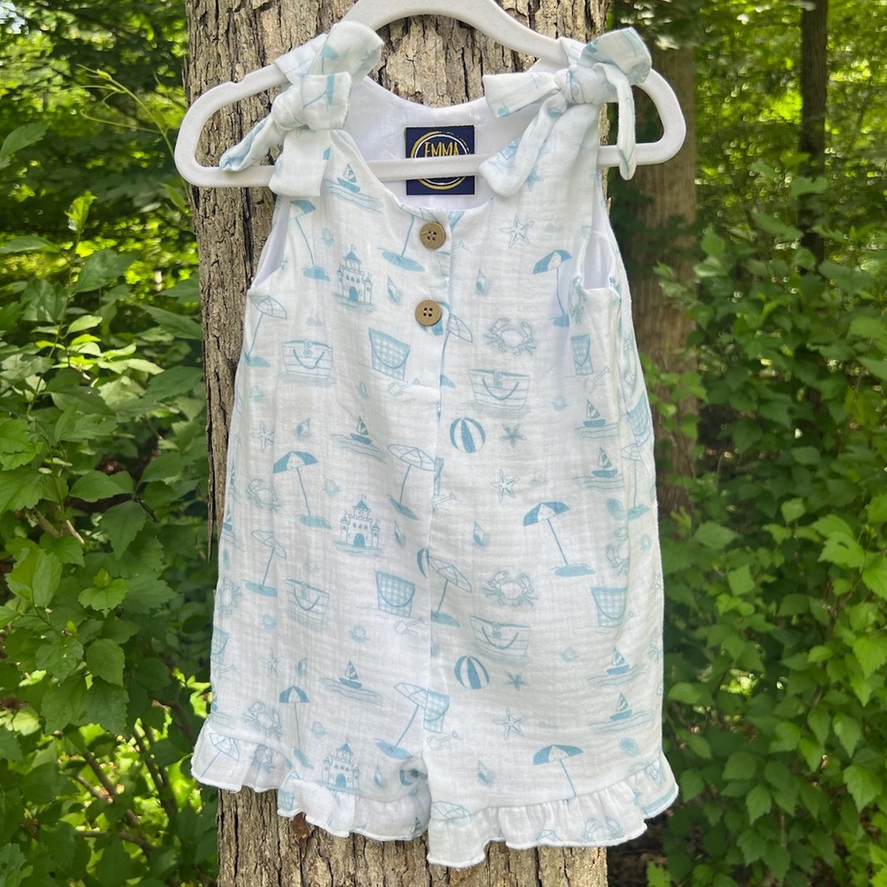 NWOT Girls Light Blue Beach Print Tie-Shoulder Romper